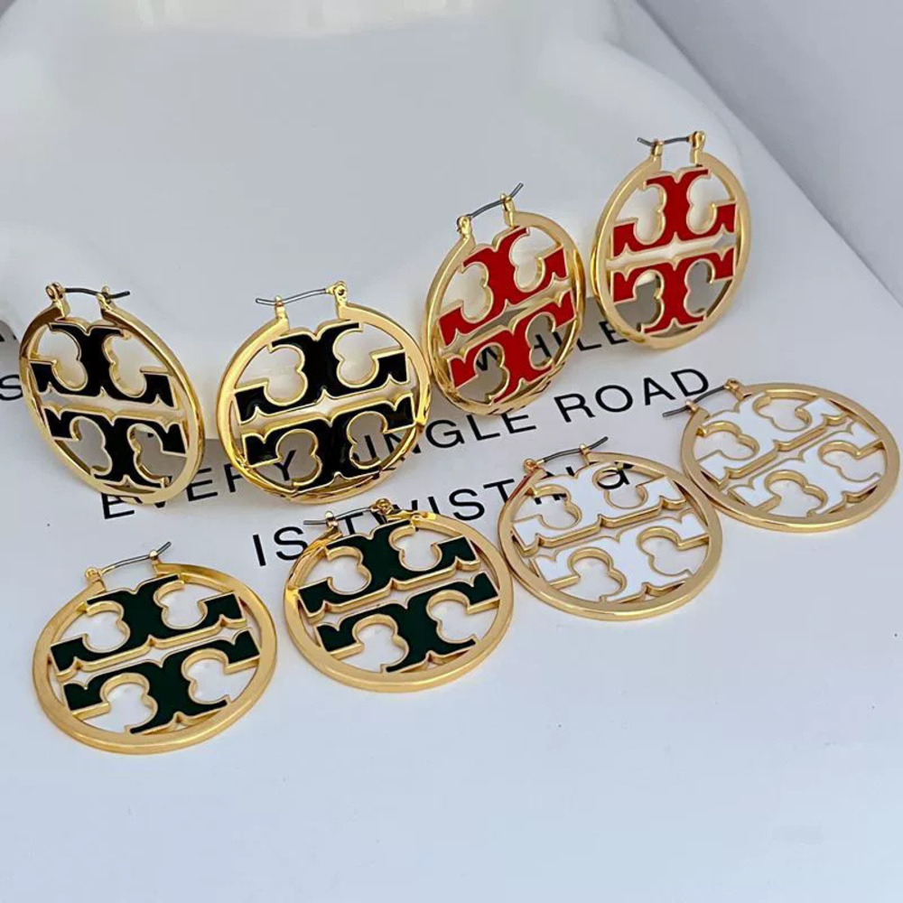 Tory Burch Enamel Geometric Round Logo Metal Hoop Earrings